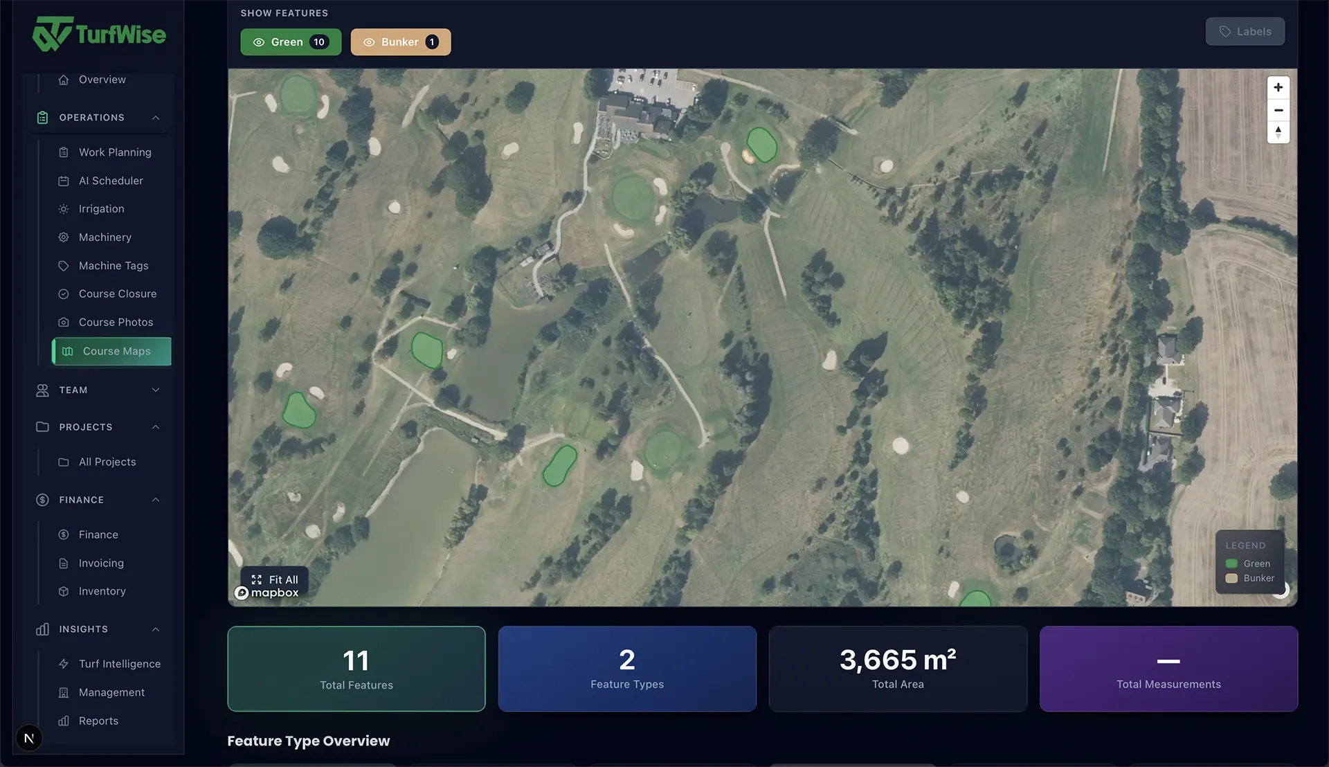 TurfWise course mapping overview showing all greens and bunkers