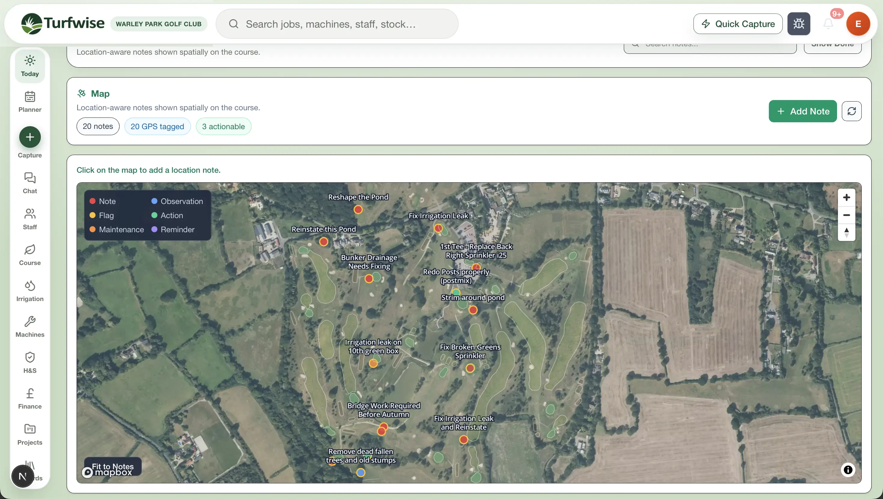TurfWise course-notes map on desktop