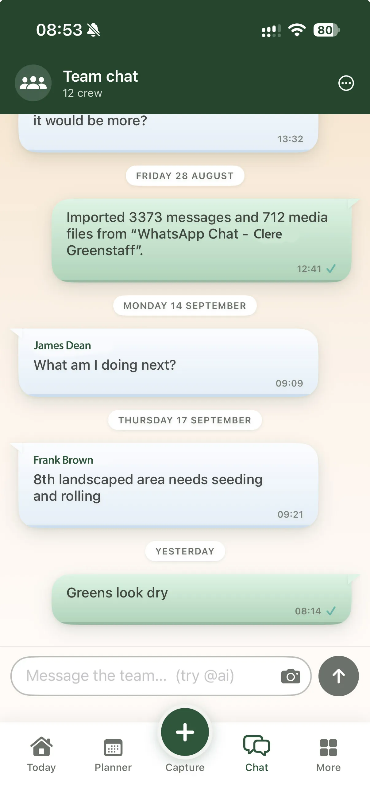 Team chat, with messages from the crew.